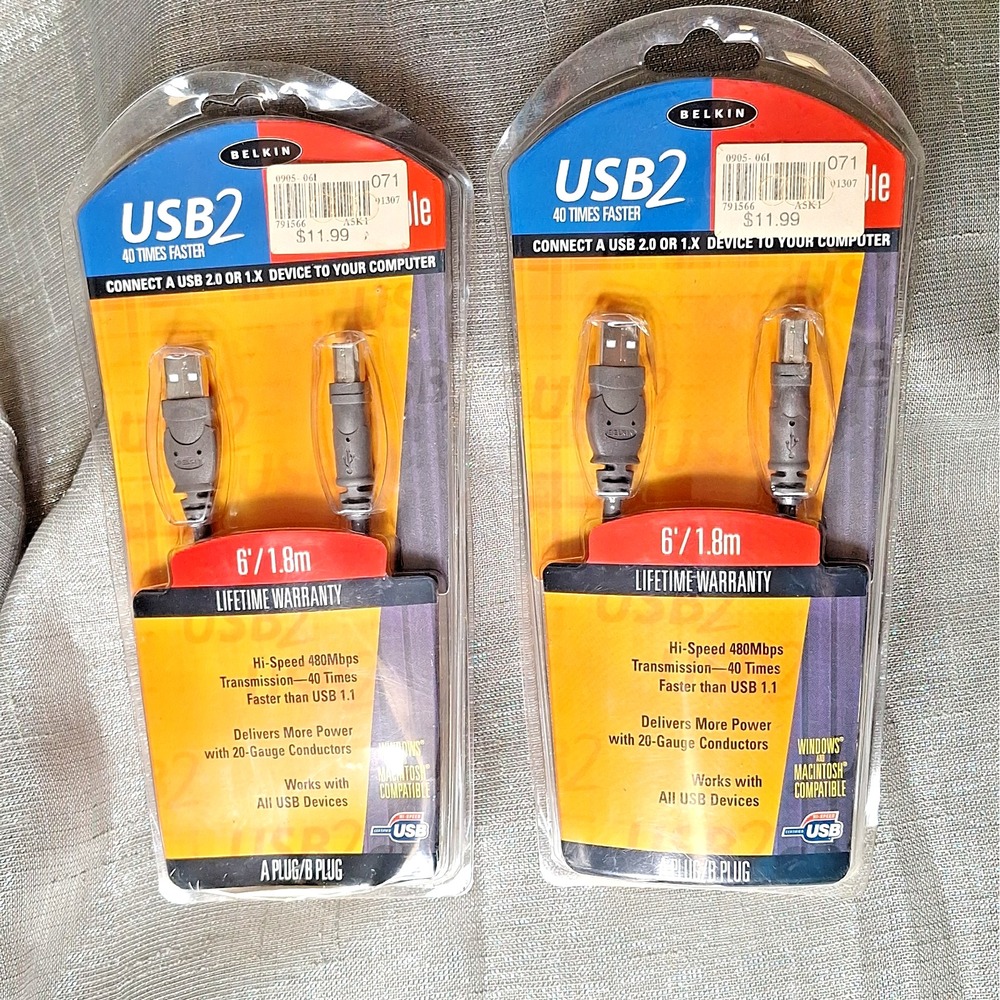2 New Belkin USB 2.0 Cable 6ft USB2 Model F3U133-06 U05 Lot Of 2 Sealed A Plug B